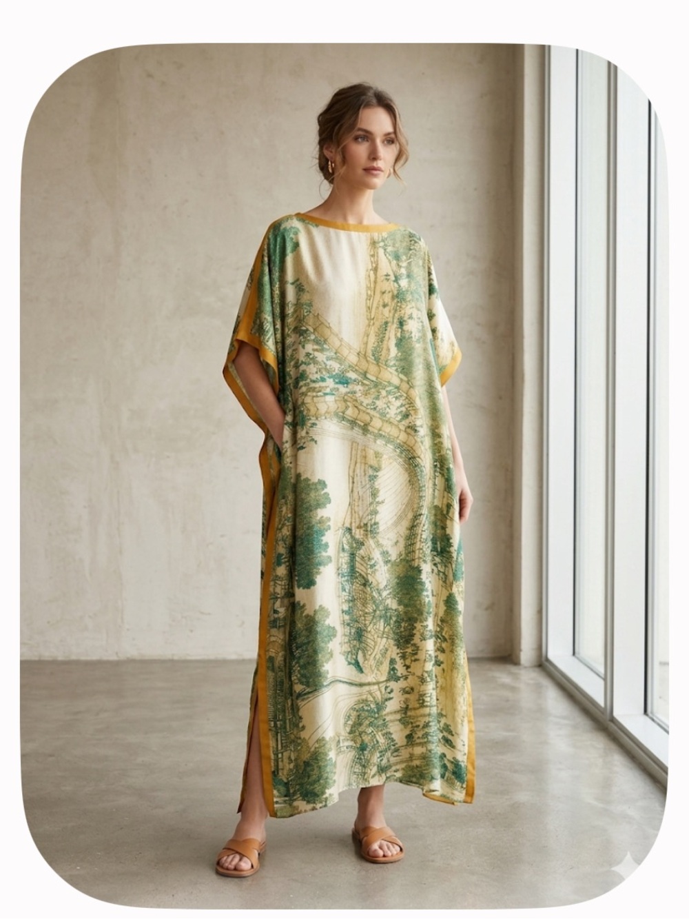 Asian Inspired Print Kaftan with Dark Gold Trim. OS